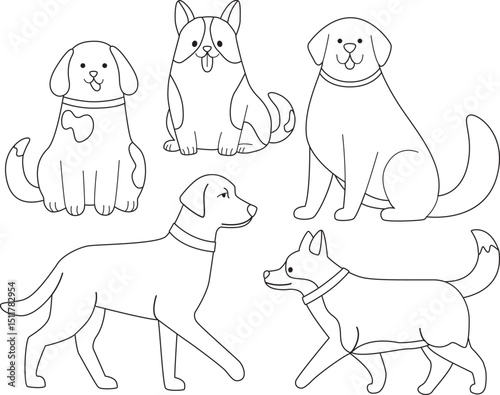 Doodle set with cute dogs. Linear illustration with pets