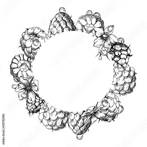Raspberry berries flowers wreath in water splash, dew drops hand drawn in vector ink. Ripe garden dewberry cloudberry mulberry loganberry. Isolated circle frame. Fresh grocery, preserves recipe book