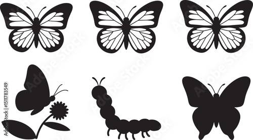 Butterfly and Caterpillar Silhouettes on Black Background Depicting Insect Life Cycle and Natural Transformation
