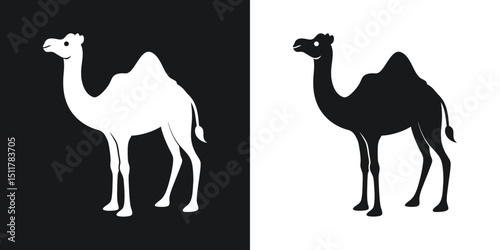 Simple silhouette illustrations of camels in black and white representing desert wildlife