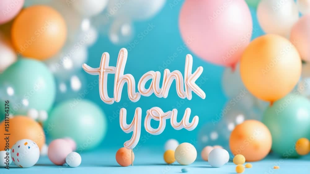 Vibrant thank you balloon background with pastel colors and floating confetti spheres.