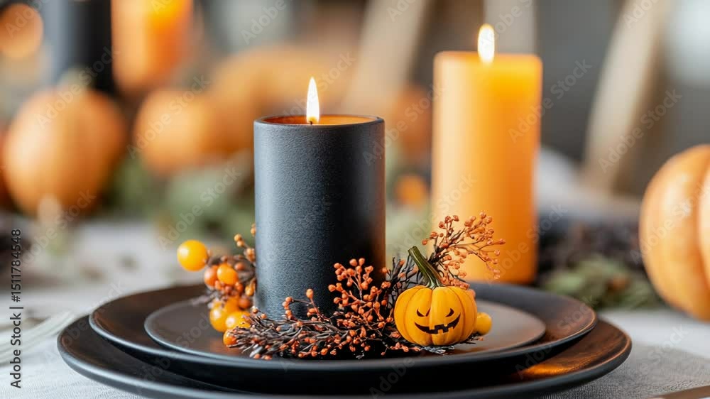 Elegant halloween table setting with black candle and pumpkin decor.