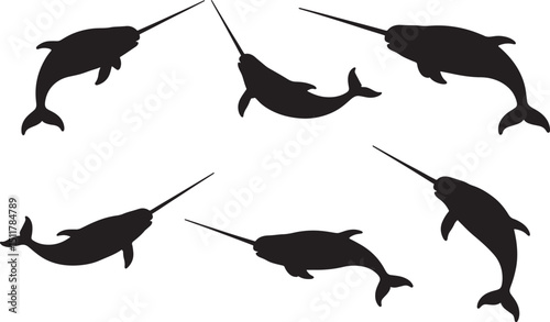 Narwhal Silhouette Collection on Black Backdrop: Arctic Marine Mammals, Tusked Whales, Graphic Elements for Wildlife and Ocean Themes