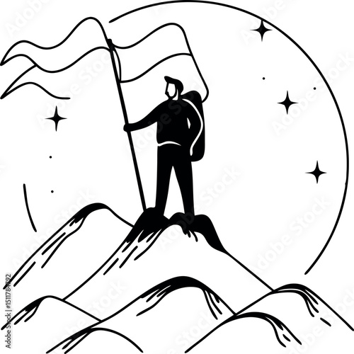 Hiker Holding Flag on Mountain Silhouette