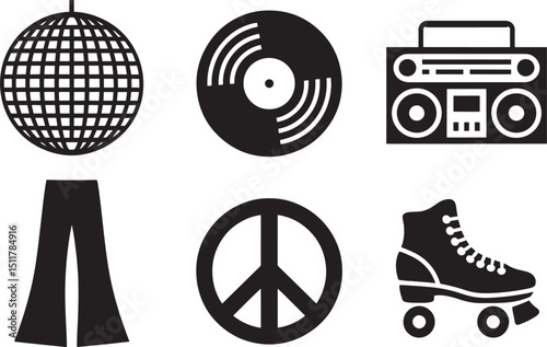 Silhouette Illustration of 1970s Era Icons on Black Backdrop, Disco, Music, Peace, and Roller Skating Culture