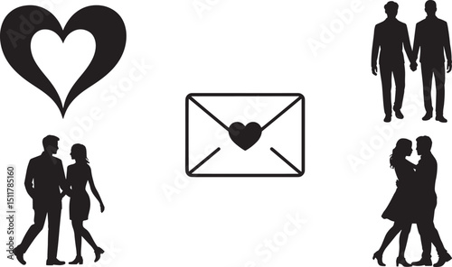 Silhouette Style Affectionate Figures on Black Background Expressing Warmth and Connection Through Heart Symbols and Embracing Couples