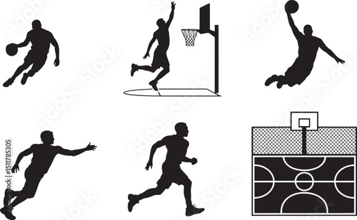 Silhouette Style Basketball Players and Court Vector Illustration on Black Background for Sports Design and Team Graphics