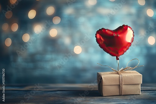 A heart balloon tied to a gift box, with a soft-focus background for Valentine's Day messages.