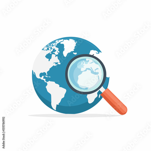 World under Magnifying Glass: A crisp illustration of a world globe being closely examined with a magnifying glass, symbolizing discovery, exploration, and global research.