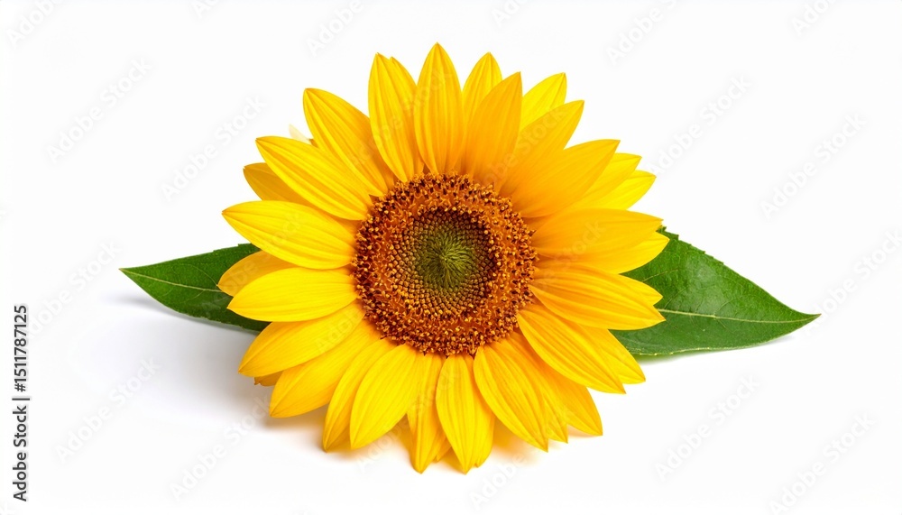Obraz premium Yellow sunflower with green leaves isolated on white background