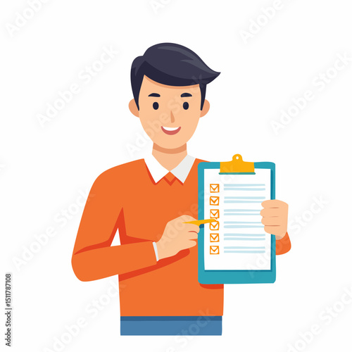 Checklist Guidance: A friendly individual holds a clipboard displaying a checklist, guiding the viewer with a focused expression, illustrating organization and planning.