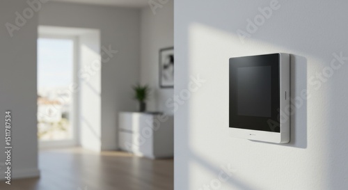 Modern thermostat mounted on wall in bright, minimalist room  