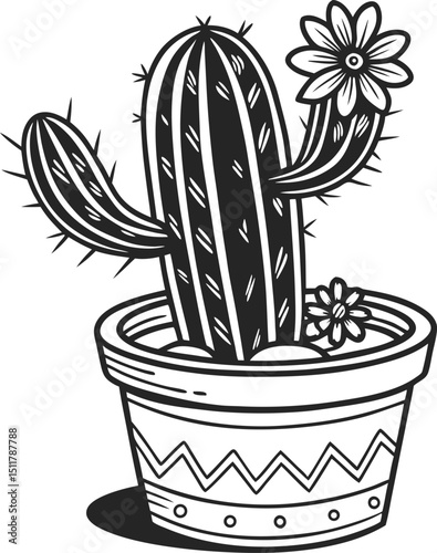 A vibrant green cactus thrives in a decorated pot, an icon of resilient botanical growth in nature