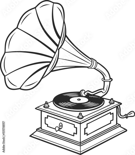 Antique gramophone with a retro vinyl record, evoking vintage music and nostalgic sound