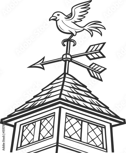 Old black and white illustration of a bird on a rustic wooden church roof with a cross against the sky
