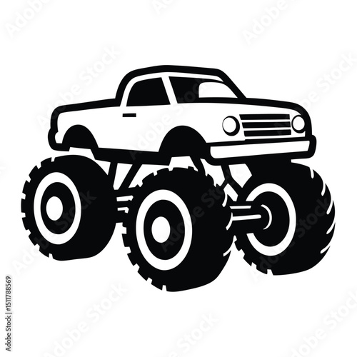 Monster truck silhouette vector art illustration, Bold black monster truck displays striking silhouette on white for dynamic off road adventures