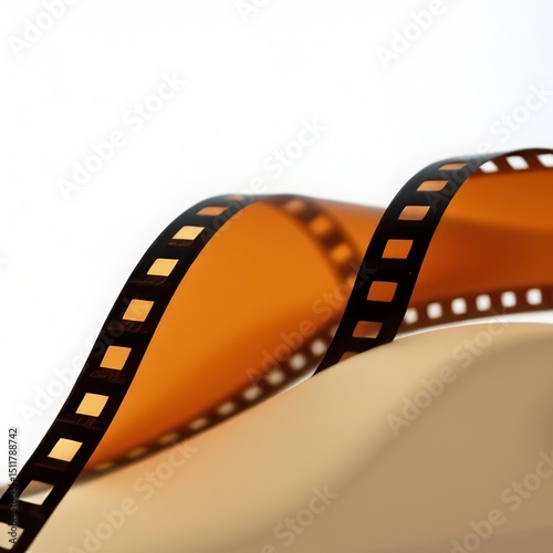 Close-up of Orange Photographic Film Strip Curling on Surface