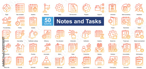 Notes and Tasks icon set in line gradient style, featuring 50 icons on task management, scheduling, productivity, and organization. Perfect for planners, workflow management, and reminders.