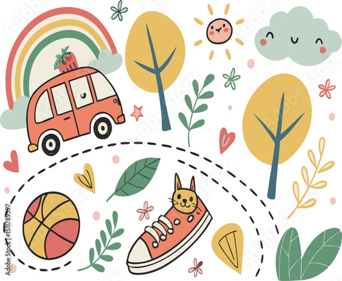 Colorful Whimsical Hand-Drawn Cartoon Elements in Childlike Style – Vector Illustration