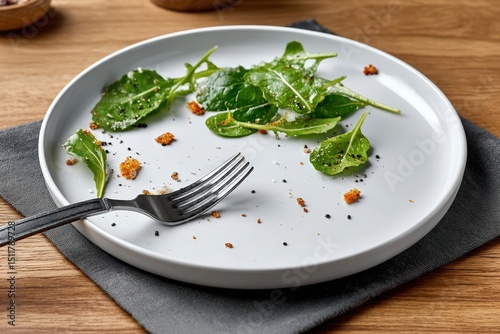 A mostly empty plate with a fork, some crumbs, and a few salad greens on a napkin atop a wooden table.