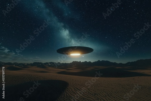 An unidentified flying object descends over a desert casting eerie shadows UFO encounter under stars