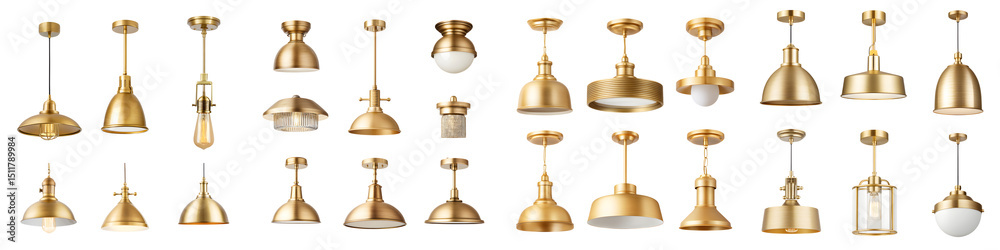 Obraz premium Elegant, modern pendant lamps in gold finish showcasing a variety of styles, perfect for contemporary home decor, brightening spaces with sophisticated light fixtures.