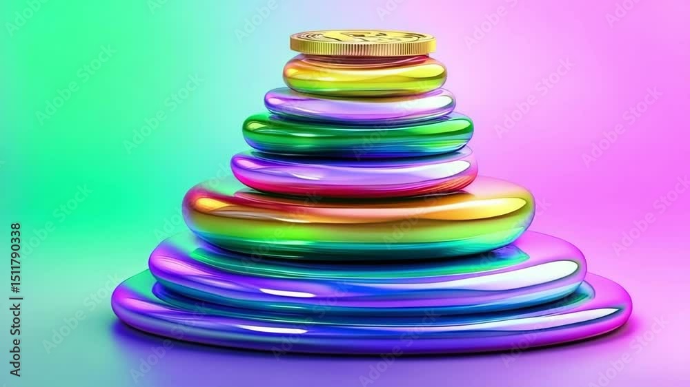 stacked rainbow stones, glossy crypto coin, futuristic financial concept, Futuristic Crypto Wealth Visual, Glossy Financial Balance Concept, Rainbow Layered Cryptocurrency Art
