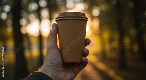 Hand holding coffee cup against blurred golden sunset in the woo