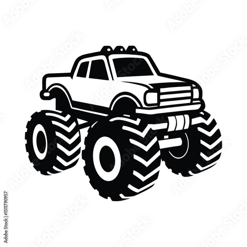 Monster truck silhouette vector art illustration, Bold black monster truck displays striking silhouette on white for dynamic off road adventures
