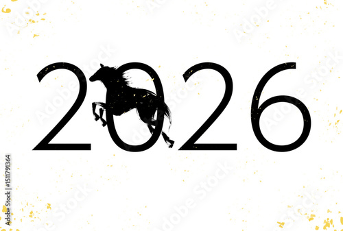 2026年午年、黒い馬のシルエットと金箔風デザインの白背景年賀状テンプレート