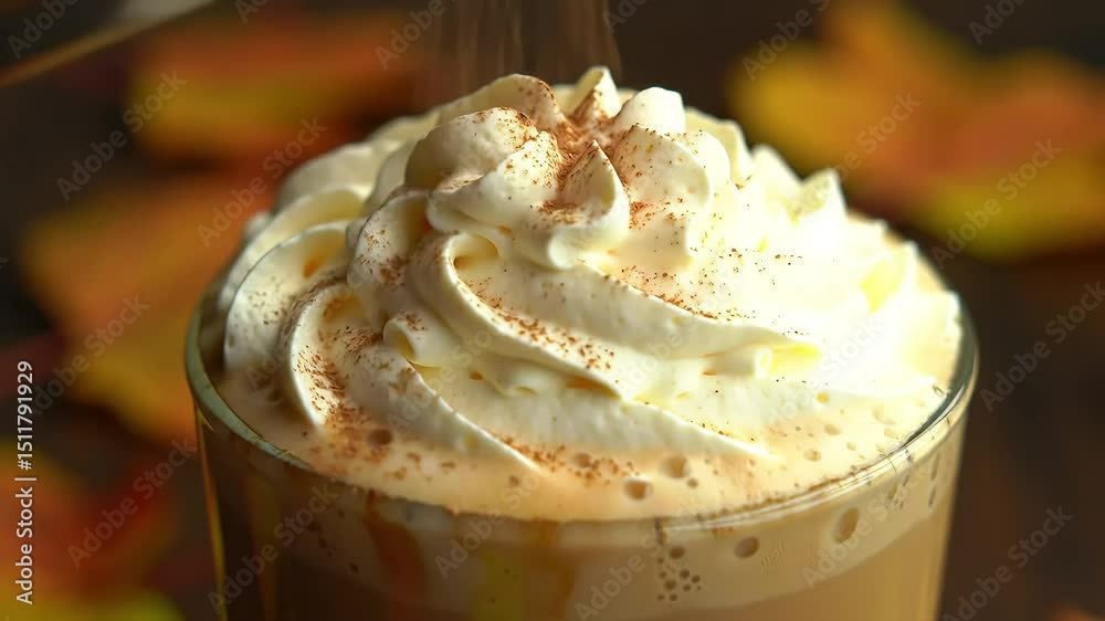 A cozy autumn scene featuring a pumpkin spice latte topped with whipped ...