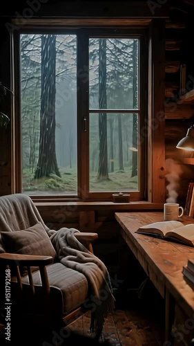 Cozy Workspace with Forest View Through Wooden Window
