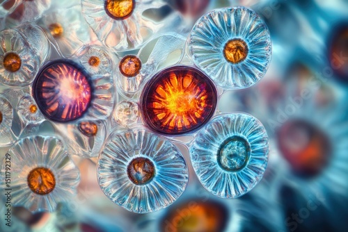 Microscopic view of intricate, colorful, translucent, bioluminescent organisms resembling flowers.