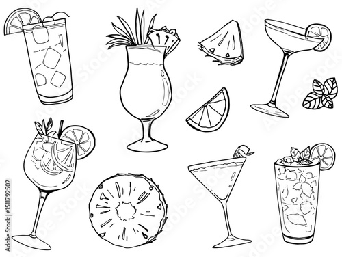 Ink set of cocktails summer drinks collection cliparts