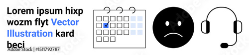 Calendar with a marked event, a sad face, and a headset highlighting schedules, emotions, and customer support. Ideal for planning, time management, feedback, challenges emotions consulting simple