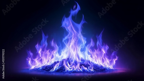 A fiery blaze ignites the dark, with burning embers casting a glow against a deep blue backdrop. Surreal Blue and Purple Flames on Dark Background – Abstract Fire Art