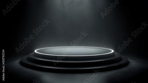 Futuristic Dark Stage with Glowing Circular Platform and Spotlight