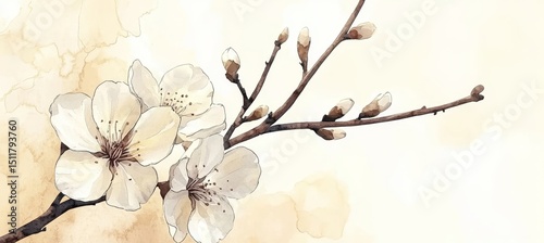 Springtime Floral Bloom Delicate White Flowers, Budding Branches, and a Soft Watercolor Background