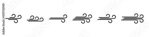 Wind blow icon. Wind wave vector set. Curved wind waves line icon. Air flow sign isolated set.