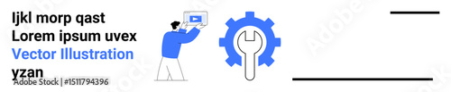 Person holding a laptop next to a gear and wrench, symbolizing repair, tech setup, and maintenance. Ideal for development, business support, tech solutions, operations, customization productivity