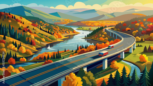 Aerial view of Interstate 89 and Winooski River in Vermont during autumn