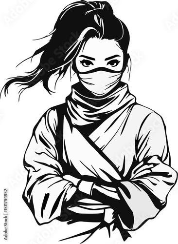 Elegant Female Ninja Line Art – Black and White Ink Illustration of Woman Warrior
