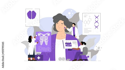 Animated Woman Analyzing Data and Charts for Business