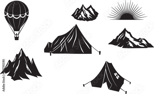 Monochrome Camping Adventure Icons Set Hot Air Balloon Mountains Tents Sunrise Black Background Vector Illustration