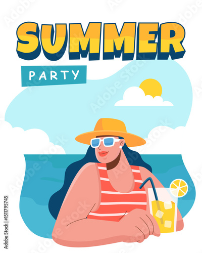 Woman enjoying a glass of orange juice in the hot summer at the beach
