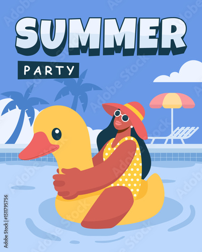 A woman swimming with yellow rubber duck in the summer