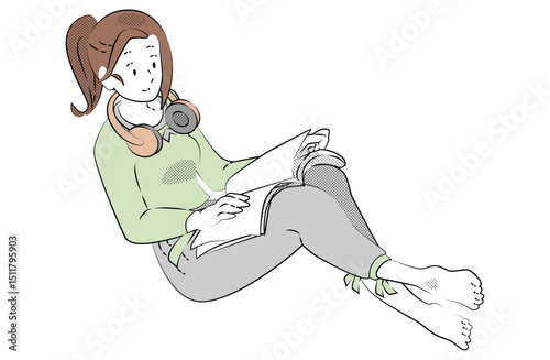 Girl reading book with headphones relaxing barefoot