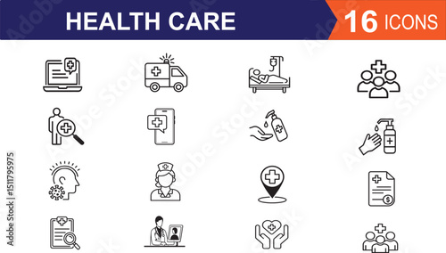 Medical Healthcare silhouette lineart icon set containing emergency, doctor, treatment, medical, report, diagnosis, health, prevention.