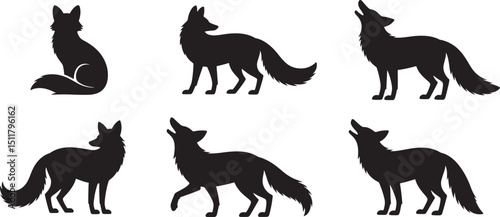 Silhouette Illustration of a Fox Sitting Calmly Against a Black Backdrop, Ideal for Wildlife and Nature-Themed Designs