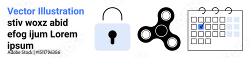 Padlock symbolizing security, fidget spinner for focus, and calendar with a checkmark indicating planning. Ideal for organization, productivity, focus, planning, security, technology or a simple
